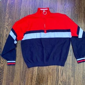 cute navy, red, and white half zip sweater